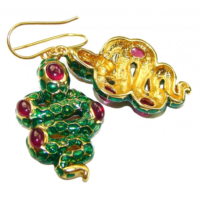 Green Snakes Genuine Enamel Ruby 18K Gold over .925 Sterling Silver handcrafted Earrings