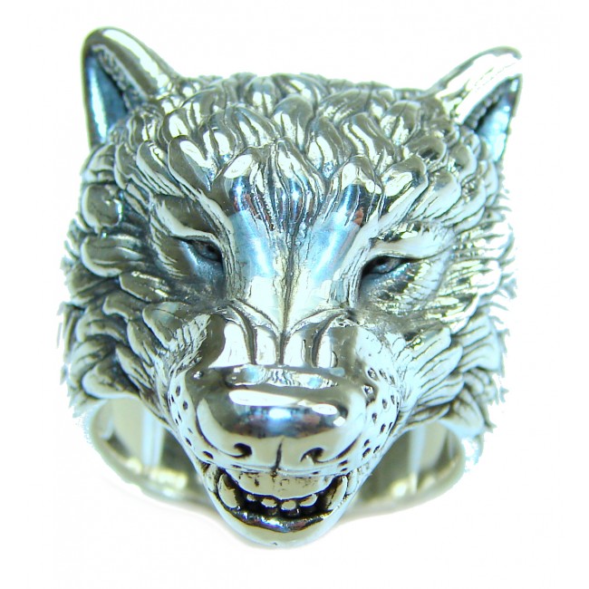 Large Wolf's head Large Bali made .925 Sterling Silver handcrafted Ring s. 8 1/2