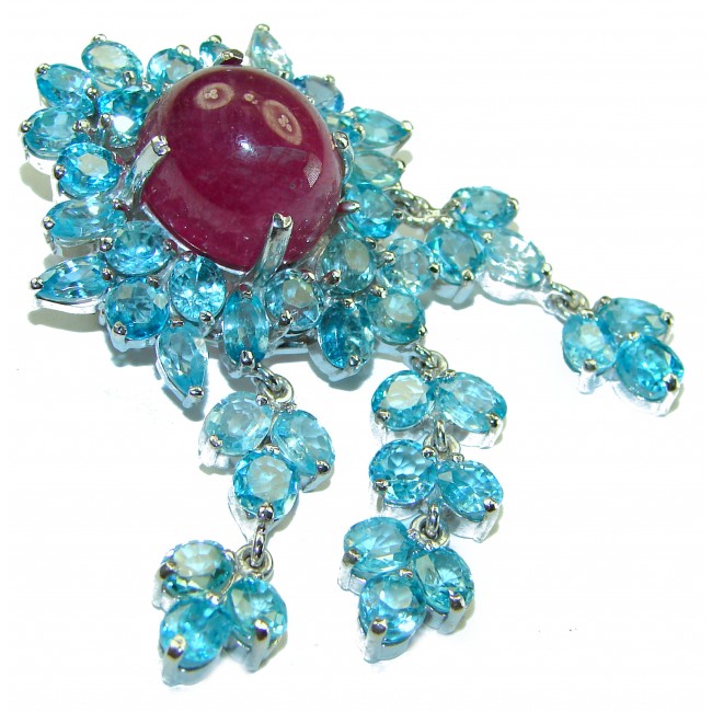 Precious Genuine Ruby Swiss Blue Topaz .925 Sterling Silver handmade Pendant - Brooch