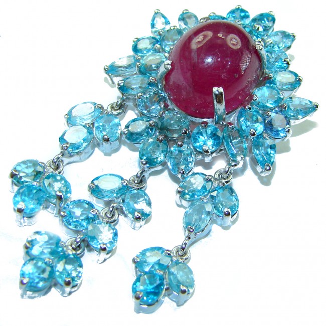 Precious Genuine Ruby Swiss Blue Topaz .925 Sterling Silver handmade Pendant - Brooch