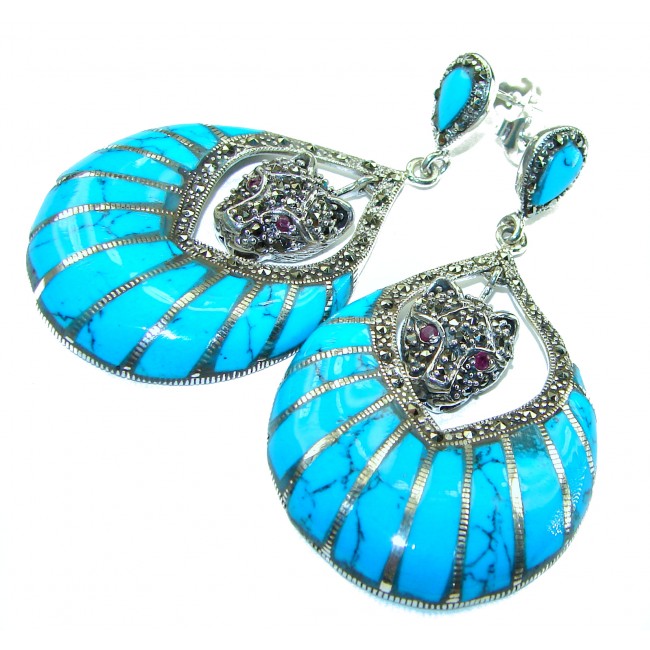 Spectacular Panthers Blue Turquoise .925 Sterling Silver handcrafted Earrings