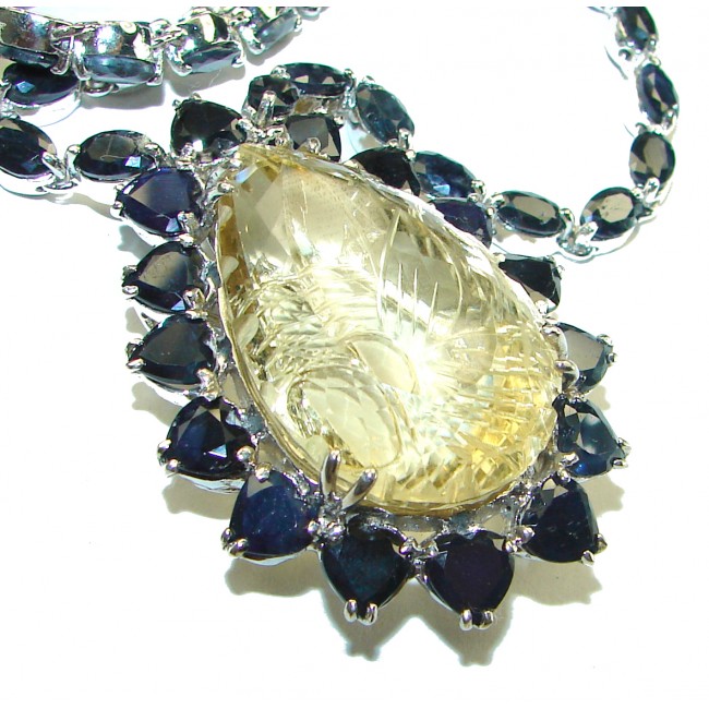 Outstanding Sapphire carved Citine .925 Sterling Silver handcrafted Statement necklace