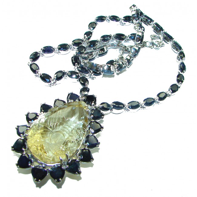 Outstanding Sapphire carved Citine .925 Sterling Silver handcrafted Statement necklace