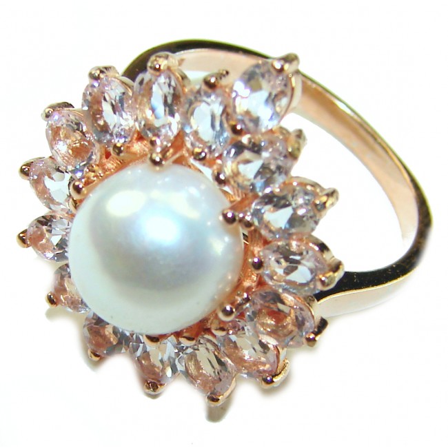 Natural Morganite Pearl 14K Gold over .925 Sterling Silver handmade ring size 9