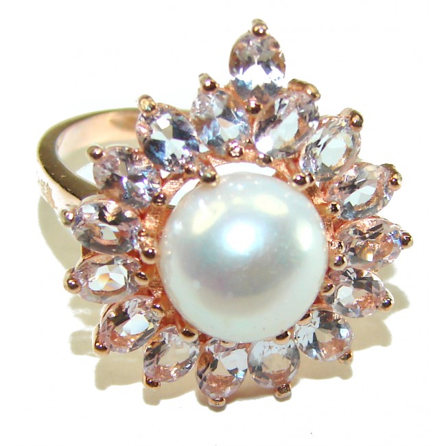 Natural Morganite Pearl 14K Gold over .925 Sterling Silver handmade ring size 9