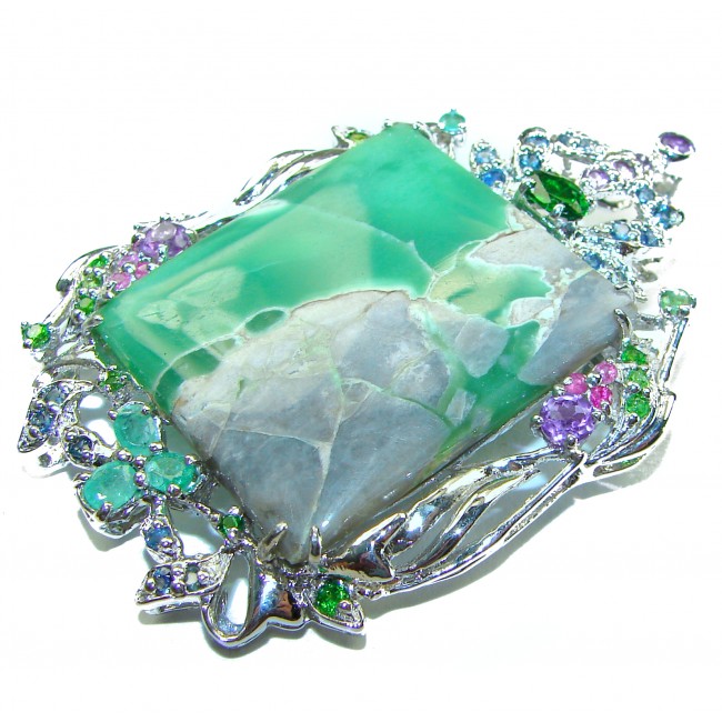 Genuine Exquisite Green Peruvian Opal .925 Sterling Silver handcrafted Large Pendant - Brooch