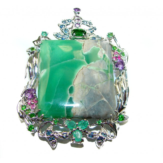 Genuine Exquisite Green Peruvian Opal .925 Sterling Silver handcrafted Large Pendant - Brooch