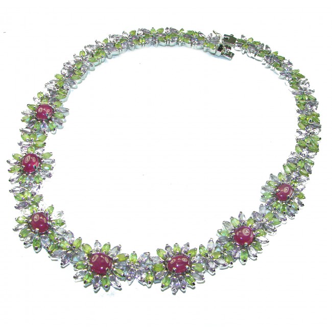 Aurora Authentic Ruby Peridot Amethyst .925 Sterling Silver handcrafted large Statement necklace