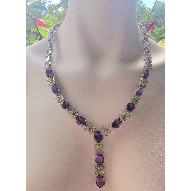 Esmeralda Authentic Peridot Amethyst .925 Sterling Silver handcrafted large Statement necklace