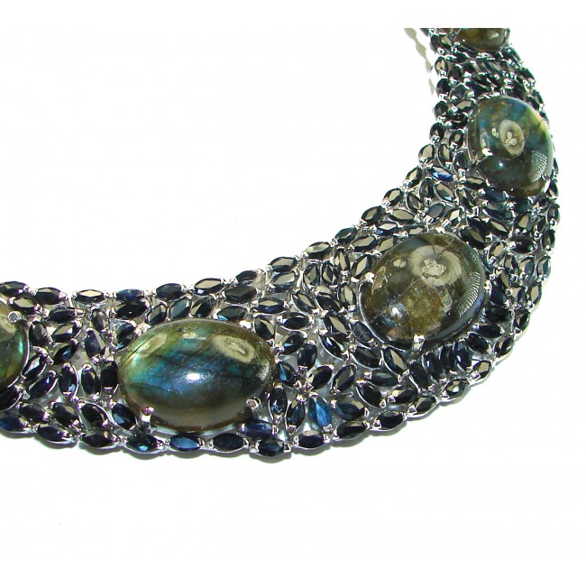 Chunky Cascade of Lights Labradorite Sapphire .925 Sterling Silver entirely handcrafted necklace