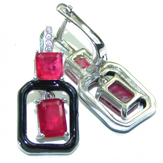 Art Deco Ruby black enamel .925 Sterling Silver handcrafted earrings