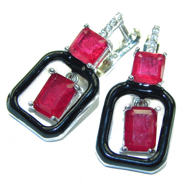 Art Deco Ruby black enamel .925 Sterling Silver handcrafted earrings