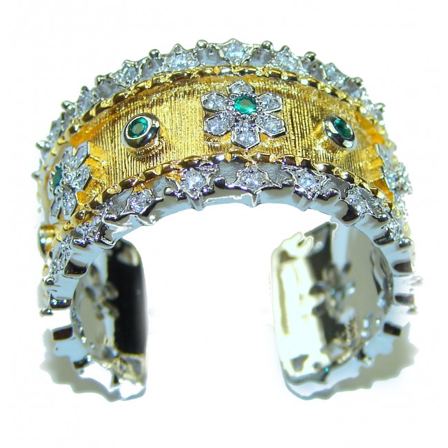 Byzantine Style Emerald White Topaz 14K Gold over .925 Sterling Silver handcrafted ring; s. 11