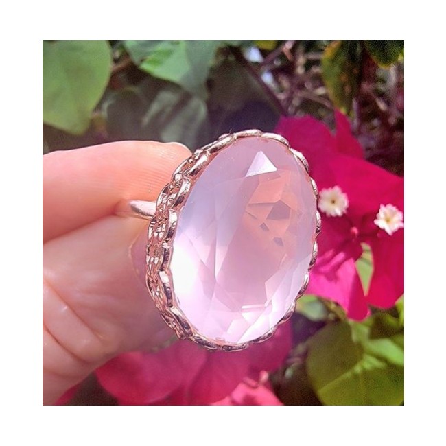 Oversized Authentic Brazilian Rose Quartz 14k Gold over .925 Sterling Silver incredible Ring size 8 adjustable