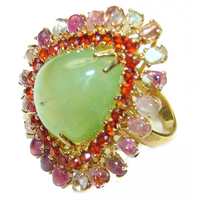 Outstanding LARGE Natural Prehnite 14K Gold over .925 Sterling Silver handmade ring s. 7 1/4