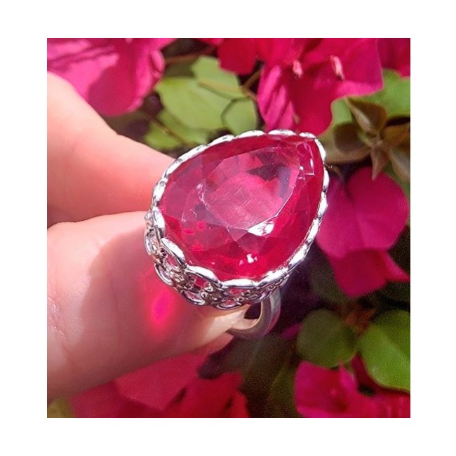 Red Rose 22.5 carat Red Topaz .925 Silver handcrafted Cocktail Ring s. 8 adjustable