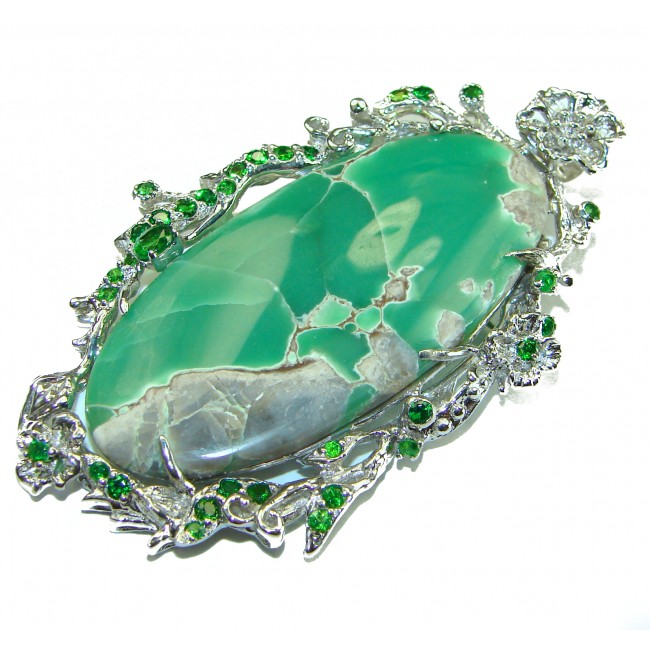 Genuine Exquisite Green Peruvian Opal .925 Sterling Silver handcrafted Large Pendant - Brooch