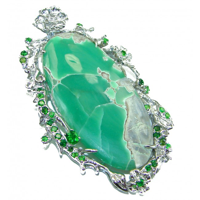 Genuine Exquisite Green Peruvian Opal .925 Sterling Silver handcrafted Large Pendant - Brooch