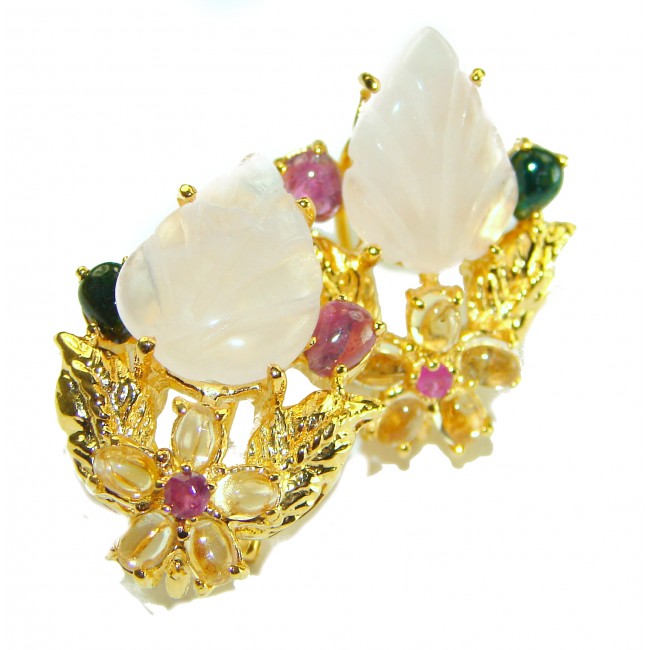 Luxurious carved Lemon Quartz Tourmaline 18K Gold over .925 Sterling Silver handmade Earrings