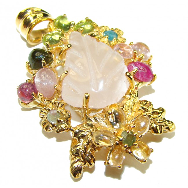 Luxurious carved Lemon Quartz Tourmaline 18K Gold over .925 Sterling Silver handmade Pendant