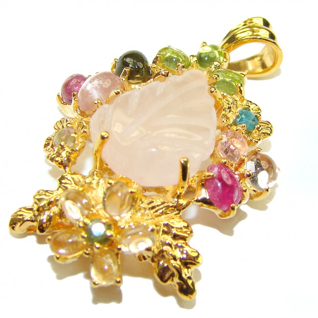 Luxurious carved Lemon Quartz Tourmaline 18K Gold over .925 Sterling Silver handmade Pendant