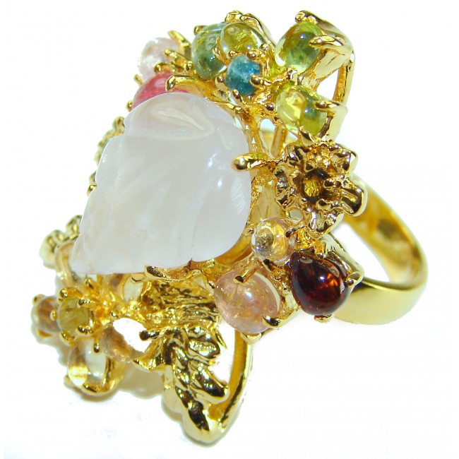 Oversized Authentic Brazilian Rose Quartz 14k Gold over .925 Sterling Silver incredible Ring size 6