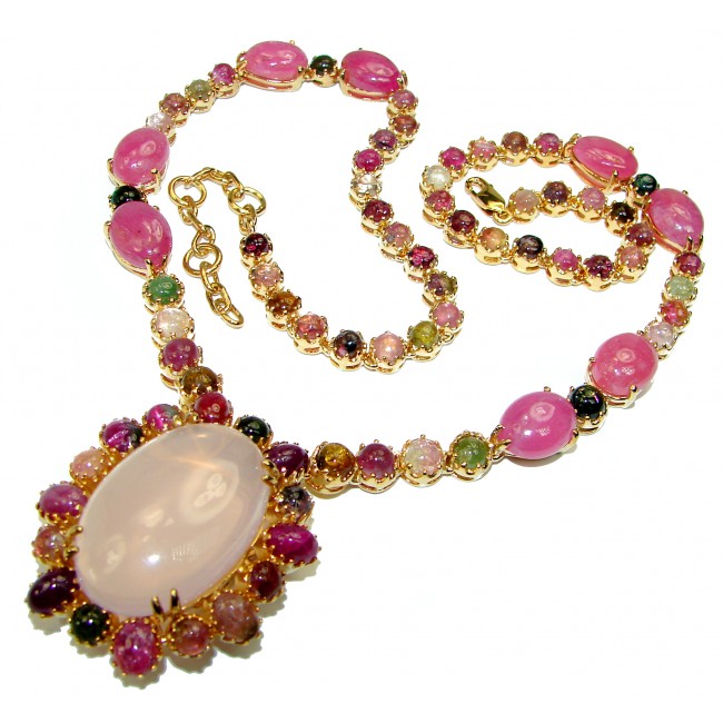 Brazilian Beauty Rose Quartz Watermelon Tourmaline 14k Gold over .925 Sterling Silver handcrafted Statement necklace