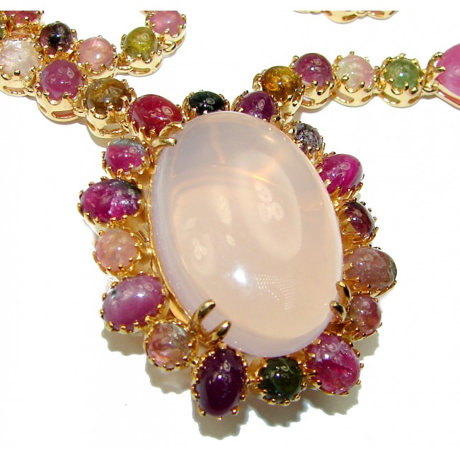 Brazilian Beauty Rose Quartz Watermelon Tourmaline 14k Gold over .925 Sterling Silver handcrafted Statement necklace