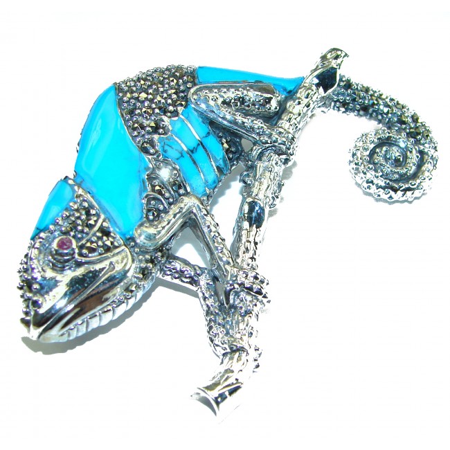 Spectacular Big Chameleon Lizard Turquoise .925 Sterling Silver handmade Brooch