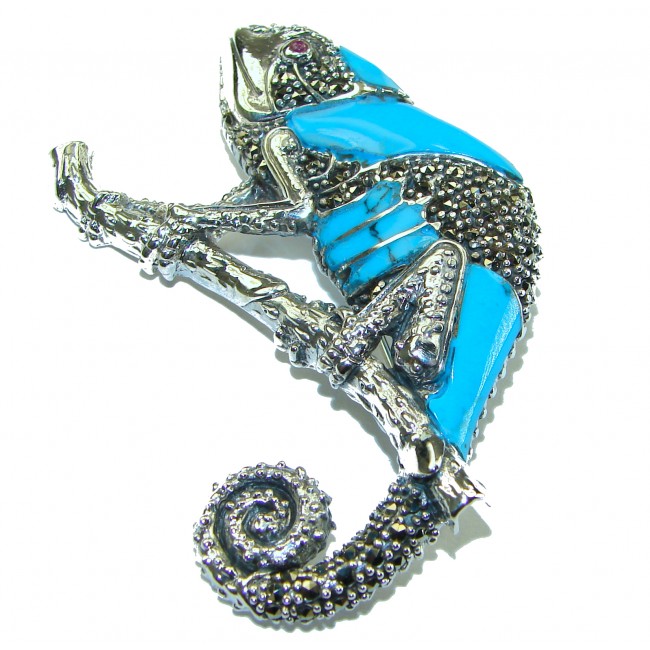 Spectacular Big Chameleon Lizard Turquoise .925 Sterling Silver handmade Brooch