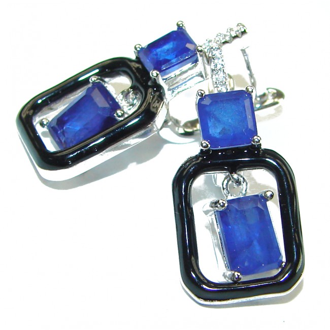 Art Deco Sapphire black enamel .925 Sterling Silver handcrafted earrings