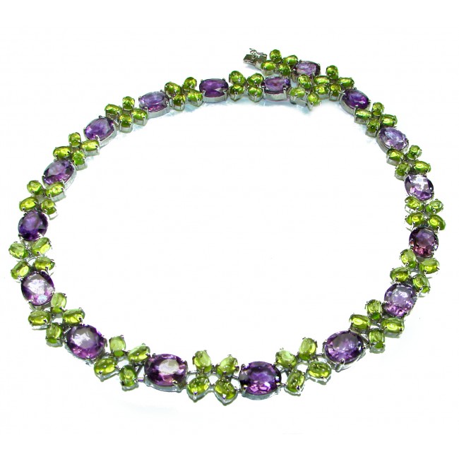 Beatrice Authentic Peridot Amethyst .925 Sterling Silver handcrafted large Statement necklace