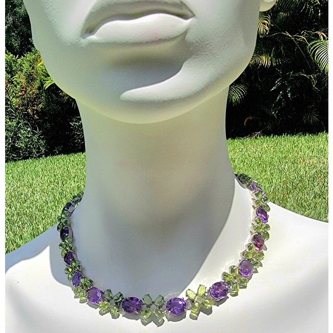 Beatrice Authentic Peridot Amethyst .925 Sterling Silver handcrafted large Statement necklace