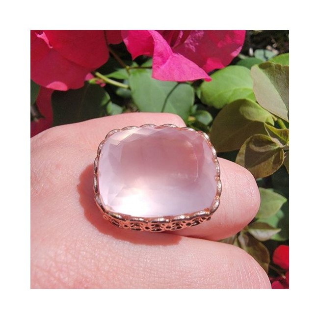 Oversized Authentic Brazilian Rose Quartz 14k Gold over .925 Sterling Silver incredible Ring size 8 adjustable