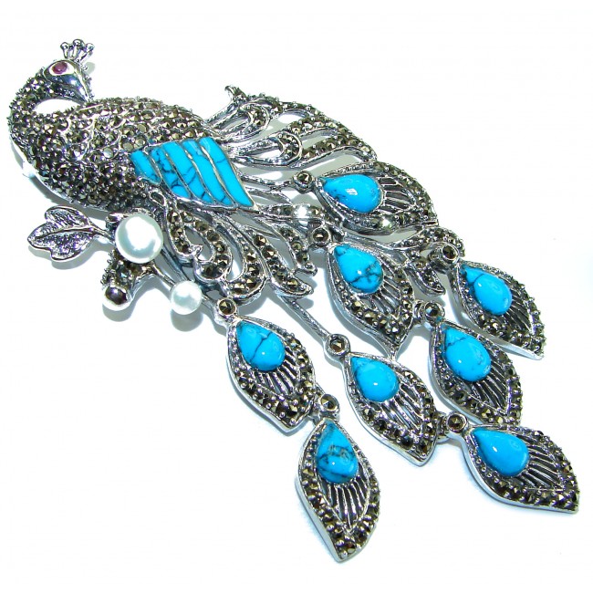 Huge Natural Turquoise Peacock .925 Sterling Silver Large Brooch