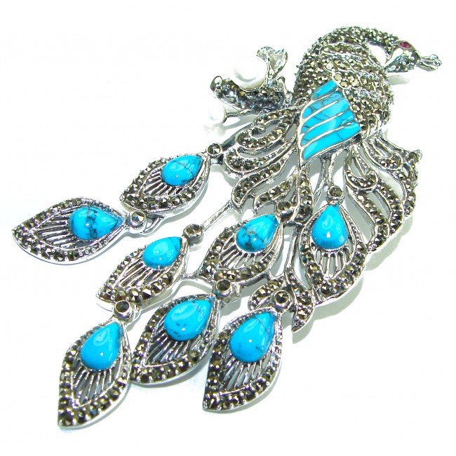 Huge Natural Turquoise Peacock .925 Sterling Silver Large Brooch