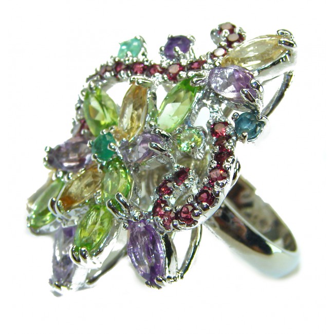 Marilyn Natural Multi-colored Gems .925 Sterling Silver handcrafted Statement Large Ring size 8