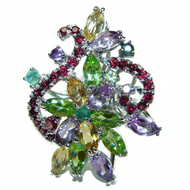 Marilyn Natural Multi-colored Gems .925 Sterling Silver handcrafted Statement Large Ring size 8