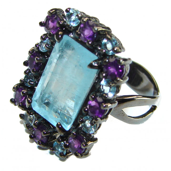 Precious 12.5 carat AQUAMARINE black rhodium over .925 Sterling Silver Handcrafted Large Ring size 7 3/4