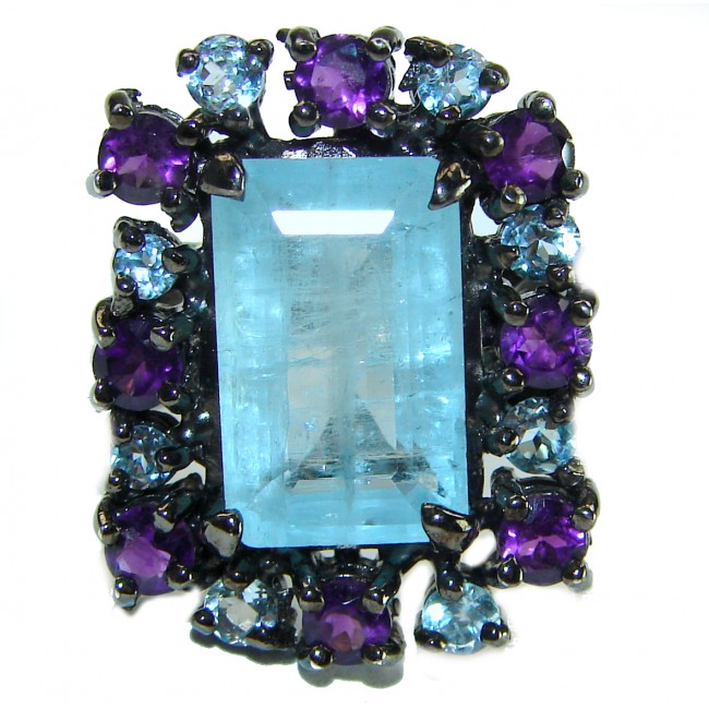 Precious 12.5 carat AQUAMARINE black rhodium over .925 Sterling Silver Handcrafted Large Ring size 7 3/4