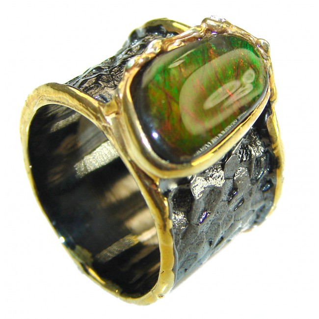 Outstanding Genuine Canadian Ammolite 18K Gold & black rhodium over .925 Sterling Silver handmade ring size 8