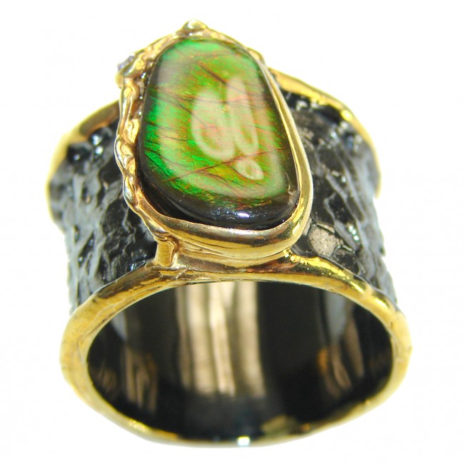 Outstanding Genuine Canadian Ammolite 18K Gold & black rhodium over .925 Sterling Silver handmade ring size 8