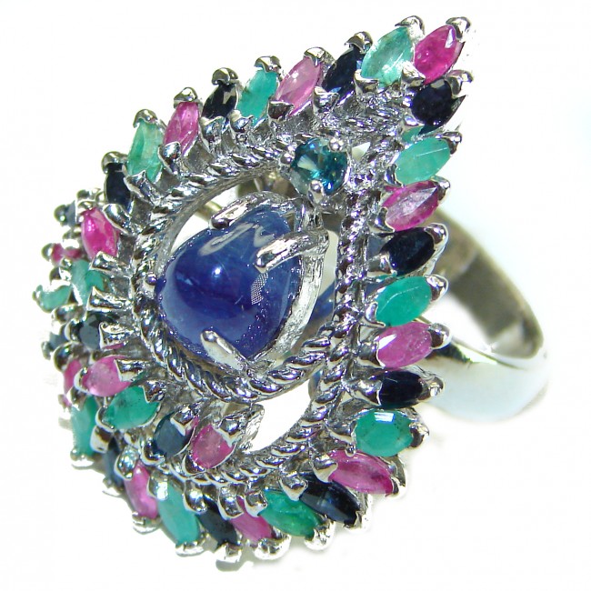 Anushka Sapphire Ruby Emerald Sapphire .925 Sterling Silver handcrafted ring size 8