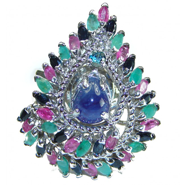 Anushka Sapphire Ruby Emerald Sapphire .925 Sterling Silver handcrafted ring size 8