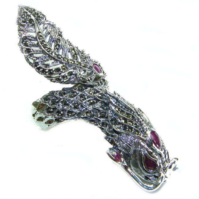 Large 21.8 grams Marcasite Ruby Dragon . 925 Sterling Silver Ring s. 6 3/4