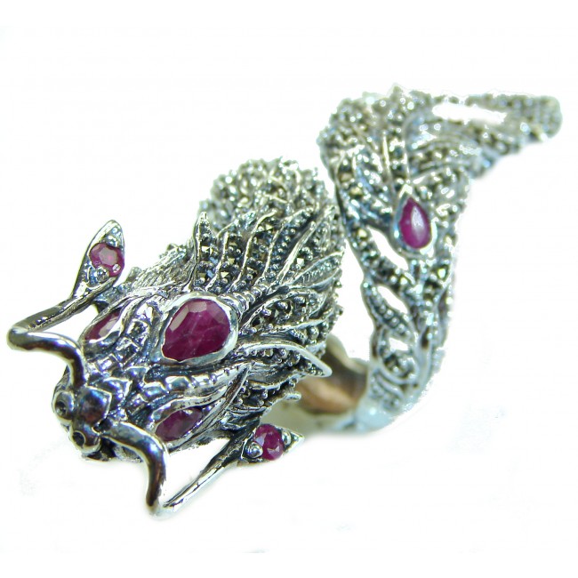 Large 21.8 grams Marcasite Ruby Dragon . 925 Sterling Silver Ring s. 6 3/4