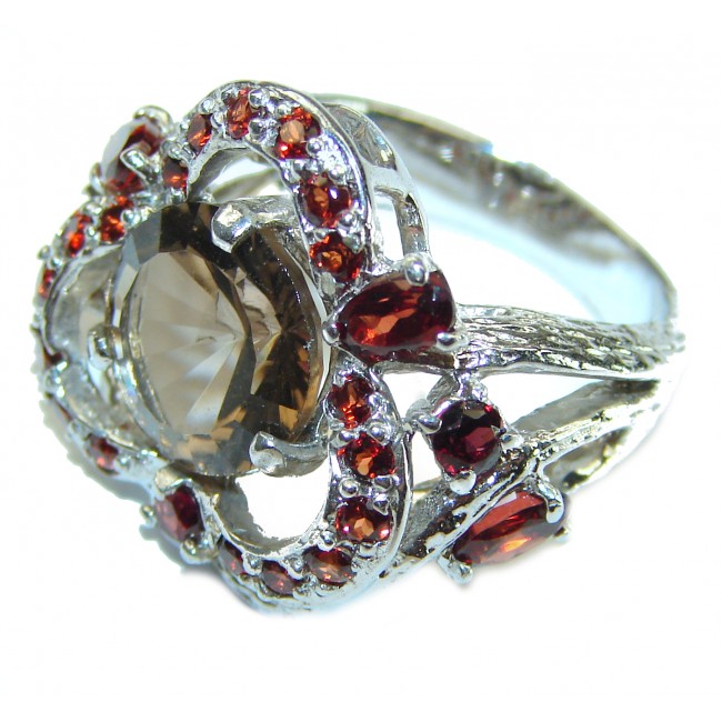 Solid authentic Smoky Topaz Garnet .925 Sterling Silver Large handcrafted Ring size 8 1/4