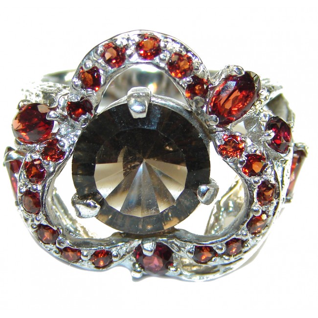 Solid authentic Smoky Topaz Garnet .925 Sterling Silver Large handcrafted Ring size 8 1/4