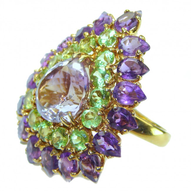 Purple Melody Amethyst Peridot 14K Gold over .925 Sterling Silver handcrafted Large ring size 8