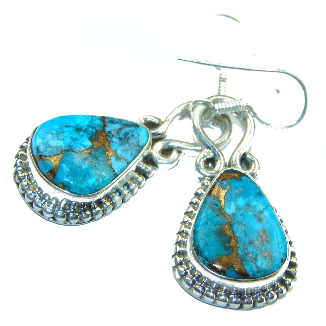 Solid Copper vains in Blue Turquoise .925 Sterling Silver earrings